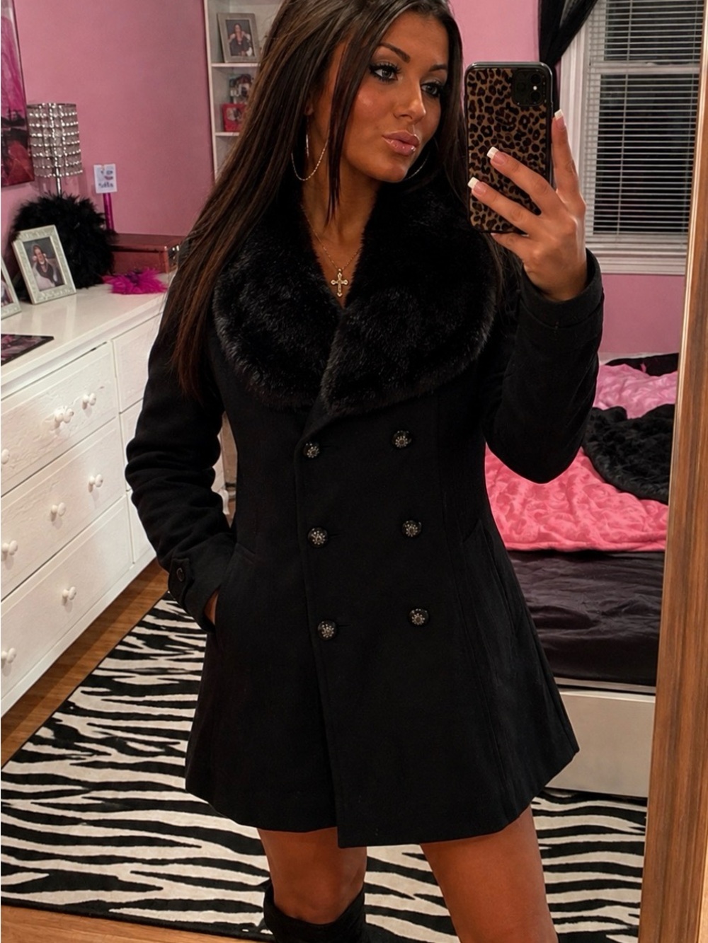 Y2K Guess Black/Gray Wool Blend Pea Coat with Faux-Fur Collar